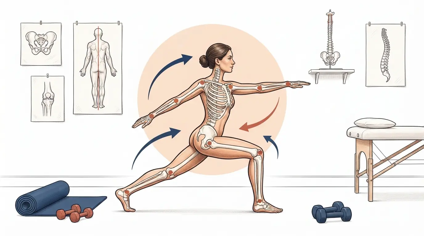 Ilustración de una figura humana en movimiento con referencias anatómicas