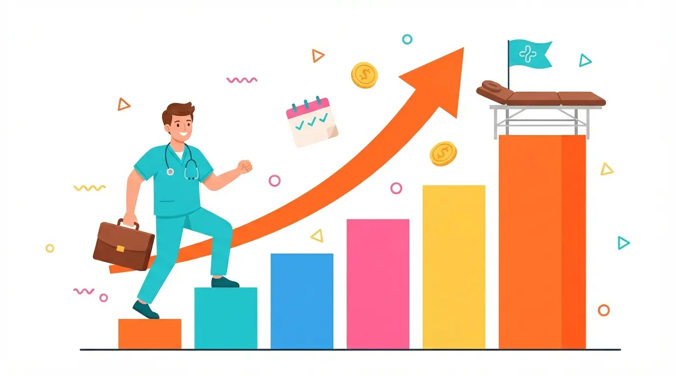 Ilustración de desarrollo profesional en fisioterapia con escalones y una flecha ascendente